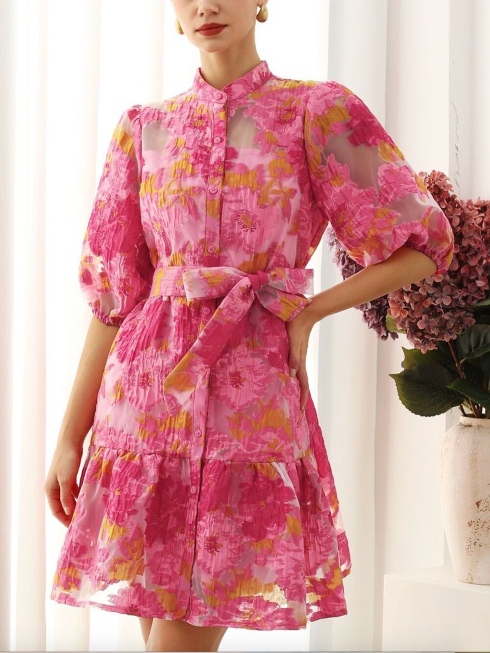 Chicwish Floral Jacquard Dolly Dress XS Pink Yellow Puff Sleeve Wedding Guest